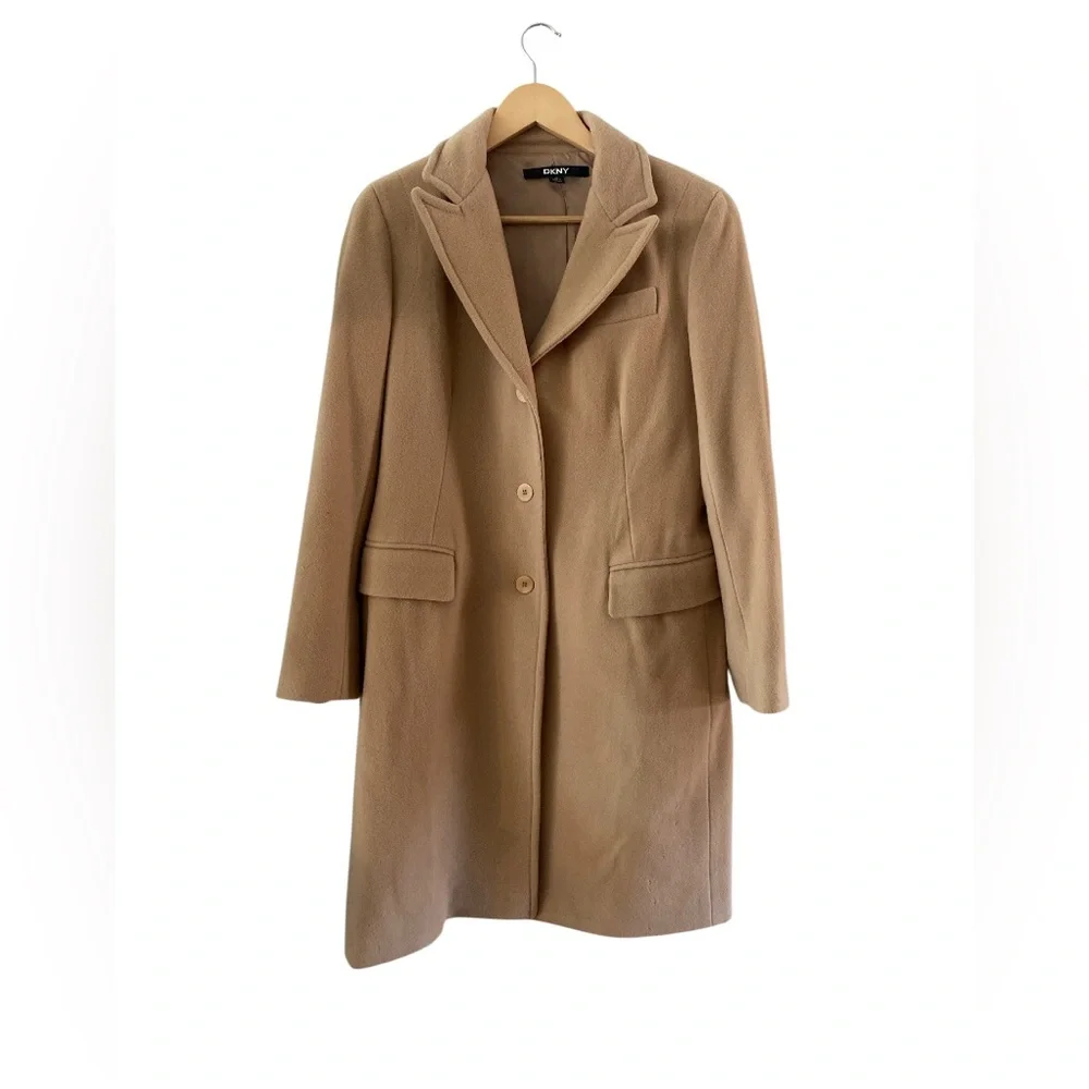 DKNY Classic WOMEN'S SINGLE BREASTED WOOL BLEND COAT IN CAMEL SIZE 10